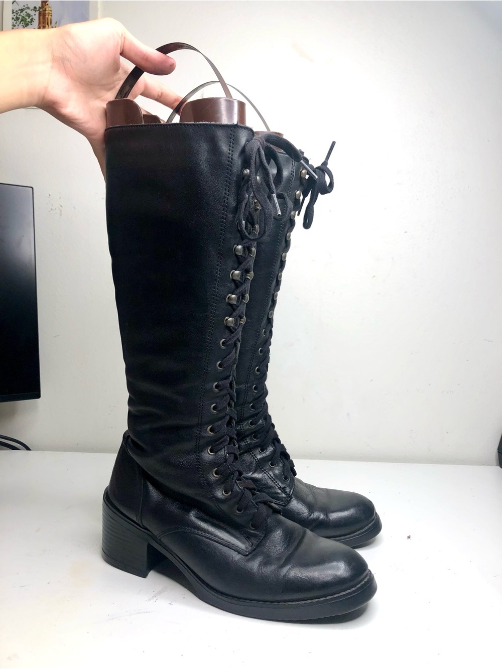 Black Lace-Up leather Knee High Women's Boots